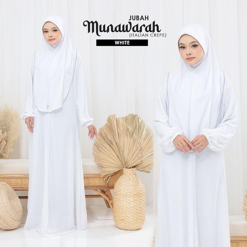 Jubah Munawwarah Dalila Plain Putih Salju Mudah Umrah Haji Jimat Ruang