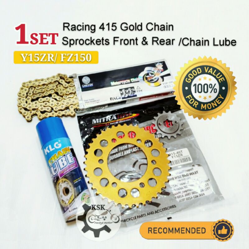 Y15ZR FZ150 Racing 415 Gold Chain Sprocket F R KLG Chain Lube 1 SET