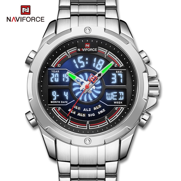 NAVIFORCE Stainless Steel Band Quartz Analog LCD Digital Dual Display