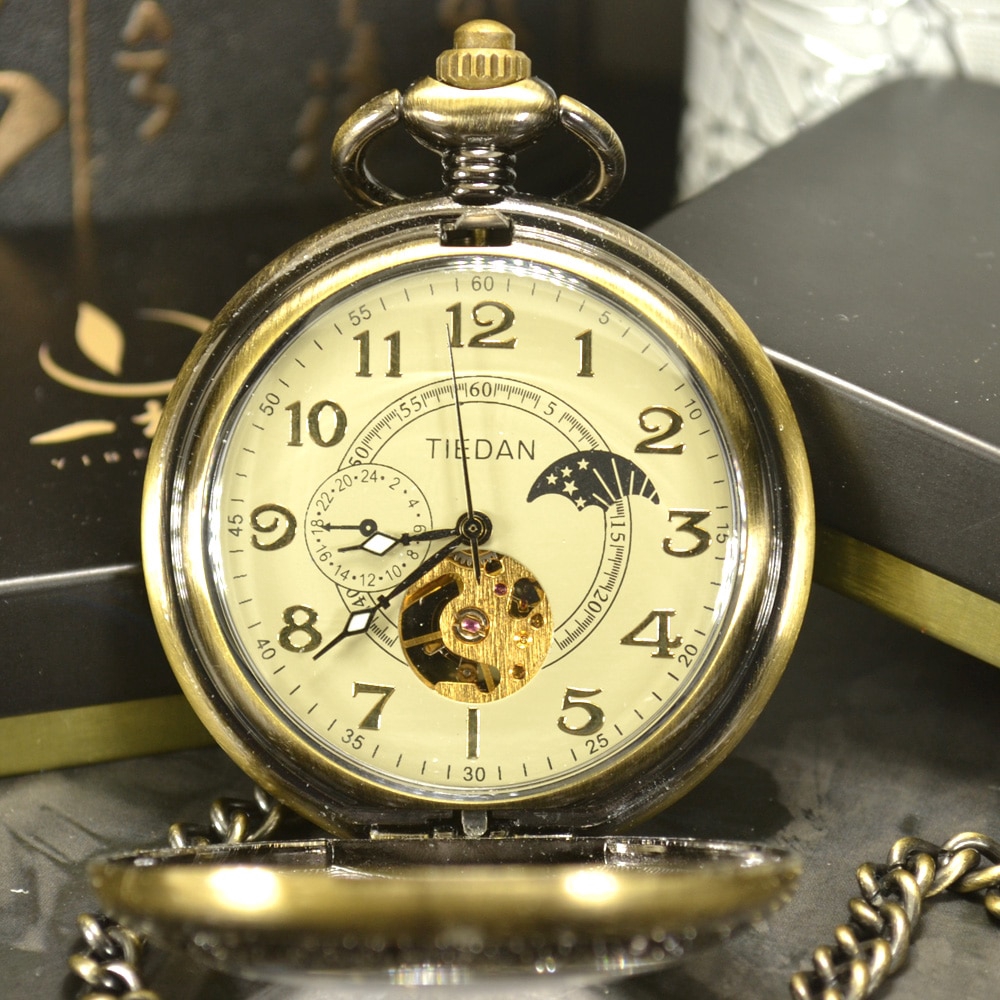 TIEDAN Luxury Skeleton Bronze Retro Antique Skeleton Mechanical Pocket