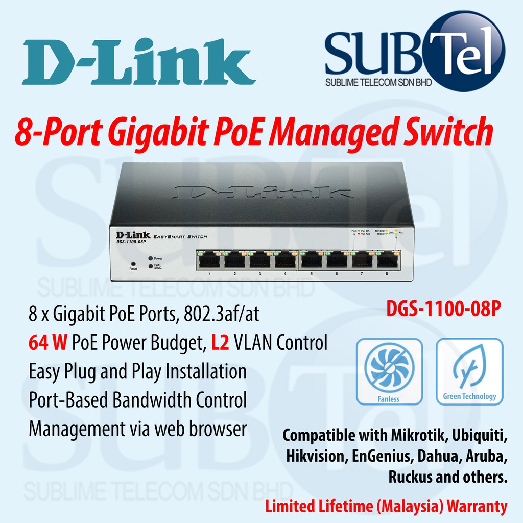 D Link DGS 1100 08P 8 Port PoE Gigabit Smart Managed Switch 8 Port