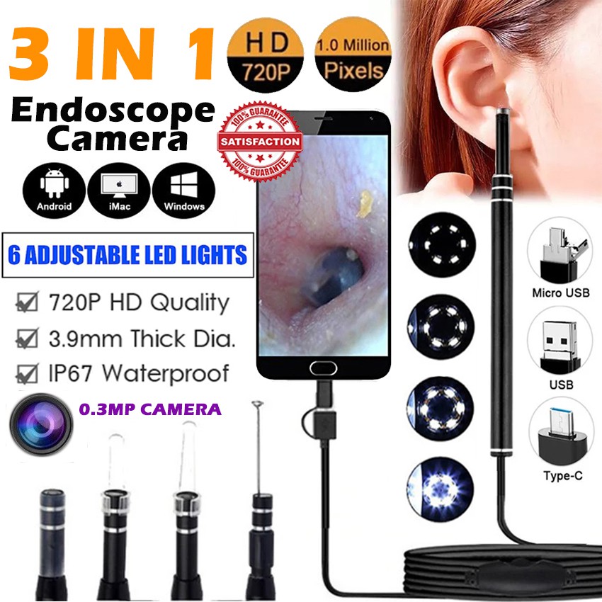 3 In 1 USB Ent Otoscope 6 LED Ear Cleaning Endoscope 5 5mm Ear Pick