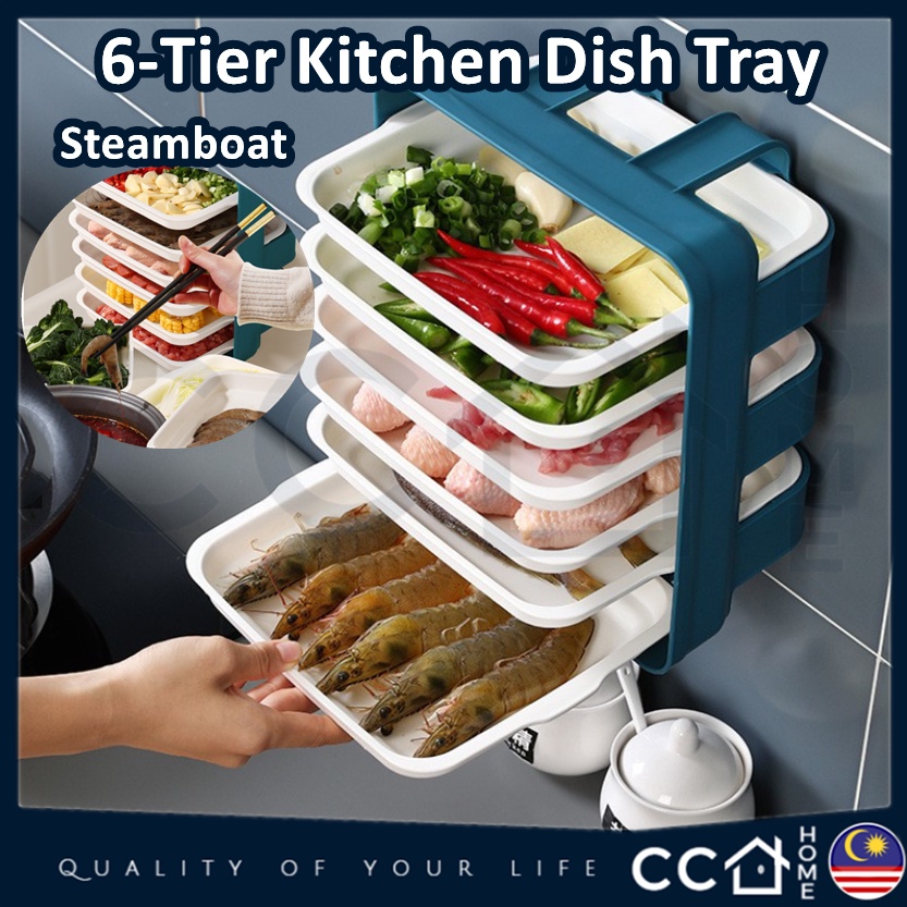 6 Layers Stackable Food Plate Rack Wall Mounted Steamboat Hot Pot Side Dish Plate Shelf Serving