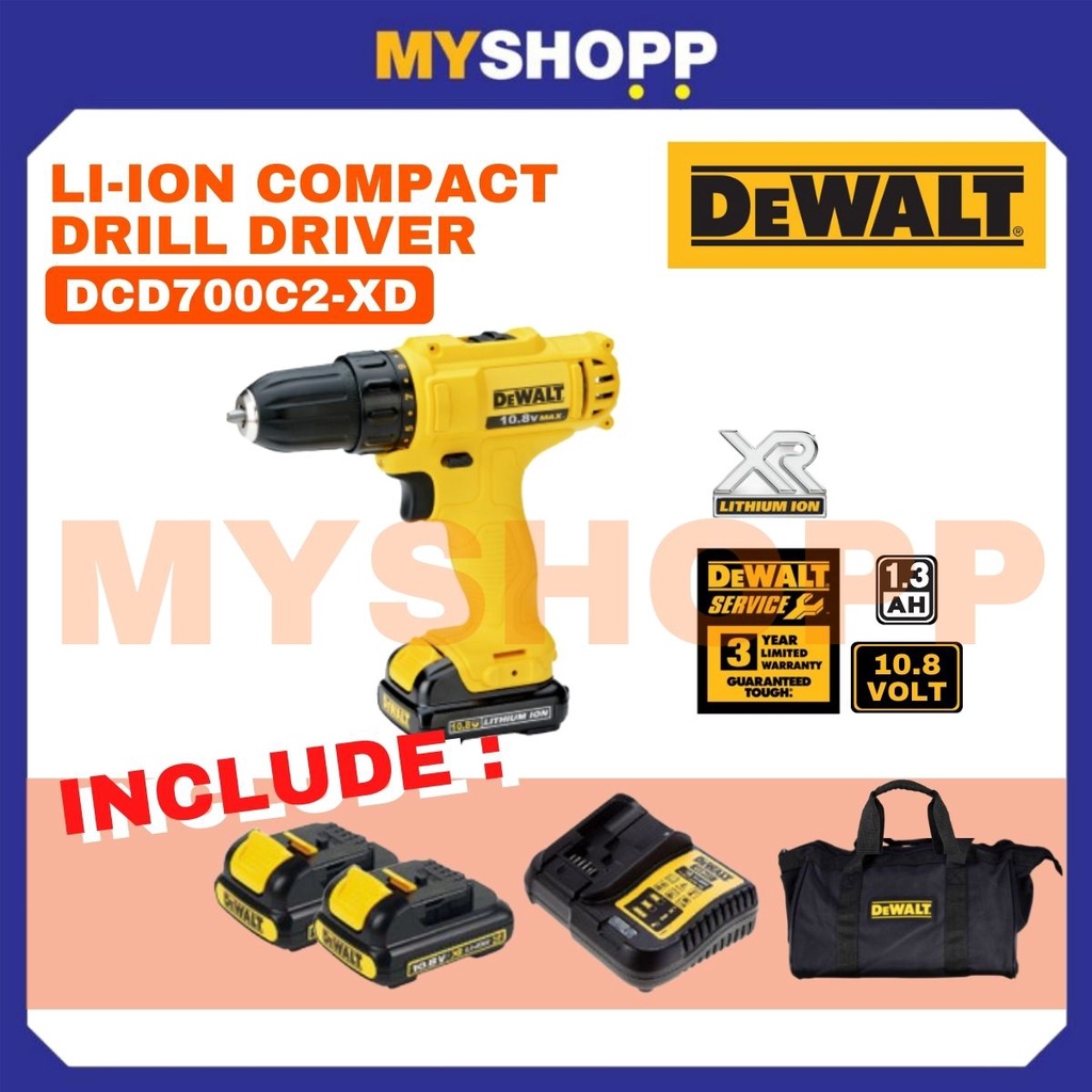 DEWALT DCD700C2 XD Li Ion Compact Drill Driver 10 8V 1500rpm 10mm