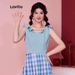 Lovito Exclusive Dopamine Girls Preppy Plain Sleeveless Ruffle Neck