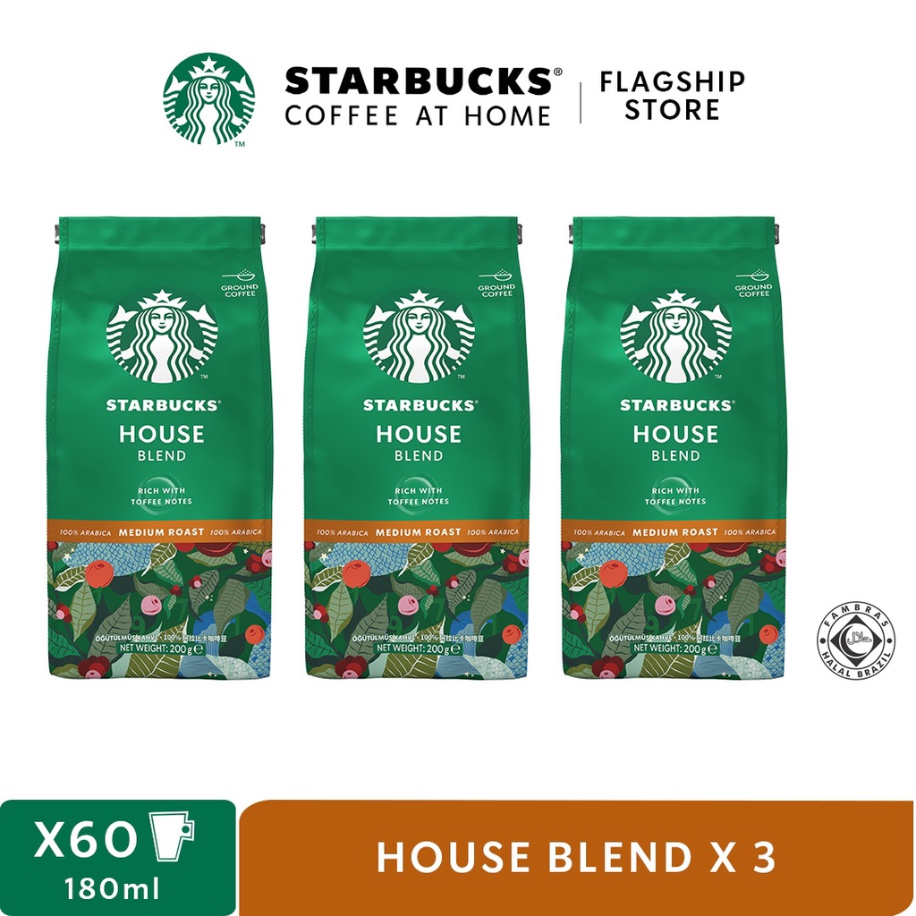 Pack Of 3 STARBUCKS House Blend Medium Roast Ground Coffee 200g Bag