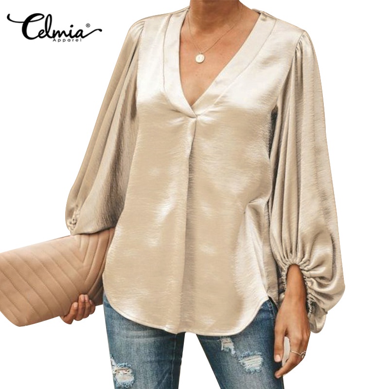 Celmia Women Elegant Lantern Long Sleeve V Neck Solid Casual Blouse