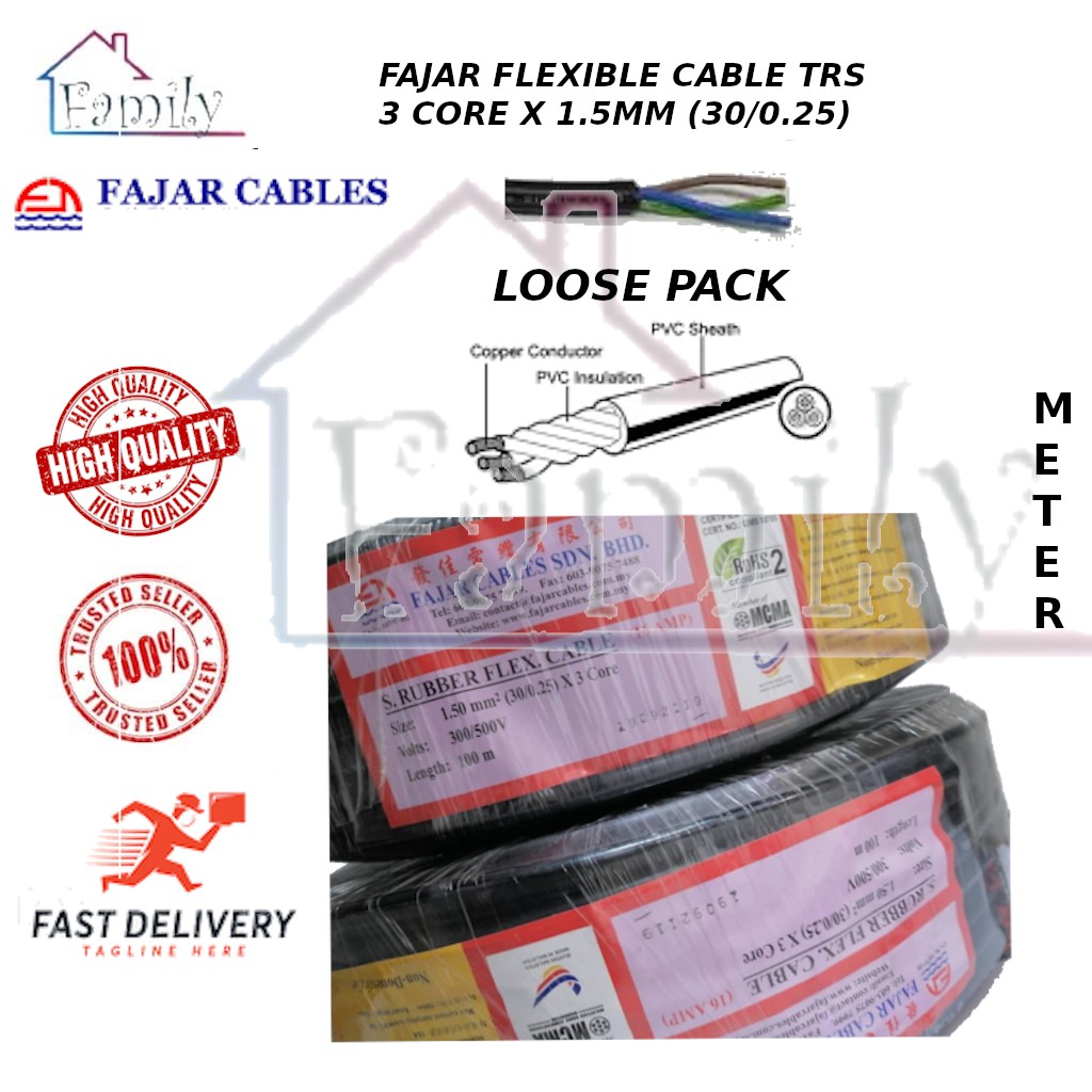 FAJAR 3CORE 1 5mm X 3C 30 0 25 TRS S RUBBER FLEXIBLE CABLE