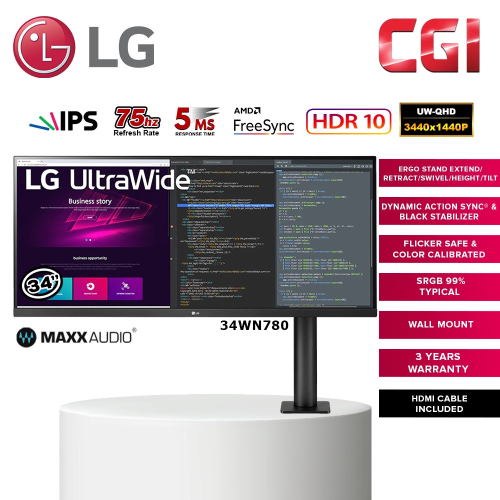 LG 34 34WN780 IPS QHD HDR10 75Hz 5ms AMD FreeSync Ultrawide Ergo