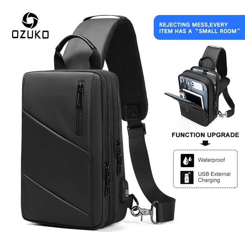 Ozuko Expandable Men Crossbody Bag Multifunction Usb Charging Chest