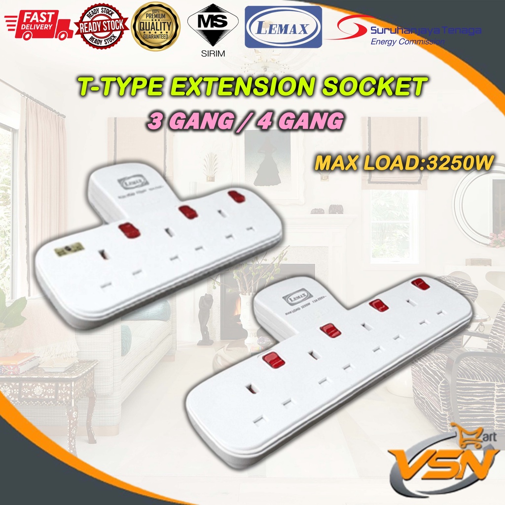 LEMAX 4 Way T Type Multi Adaptor Extension Socket With Neon SIRIM