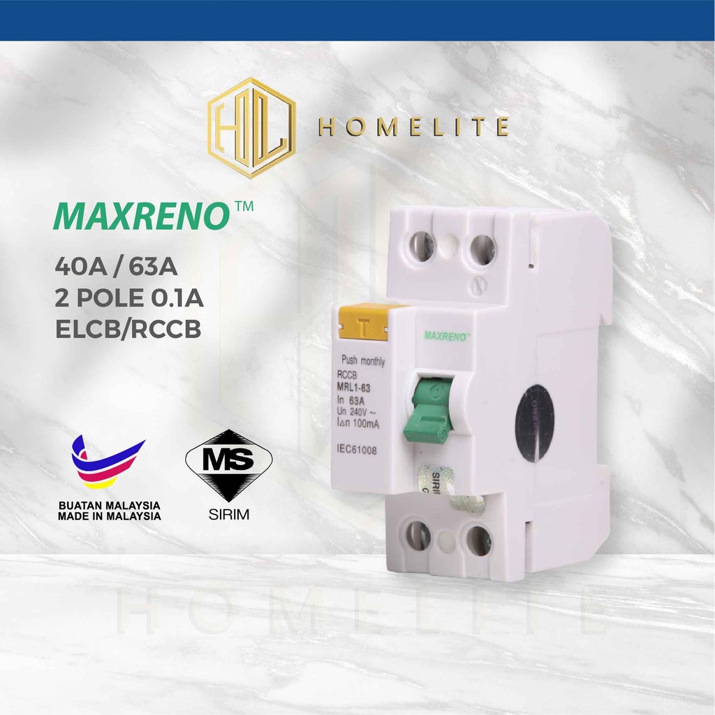 SIRIM APPROVED MAXRENO 63A 2 POLE 0 1A ELCB RCCB Shopee Malaysia