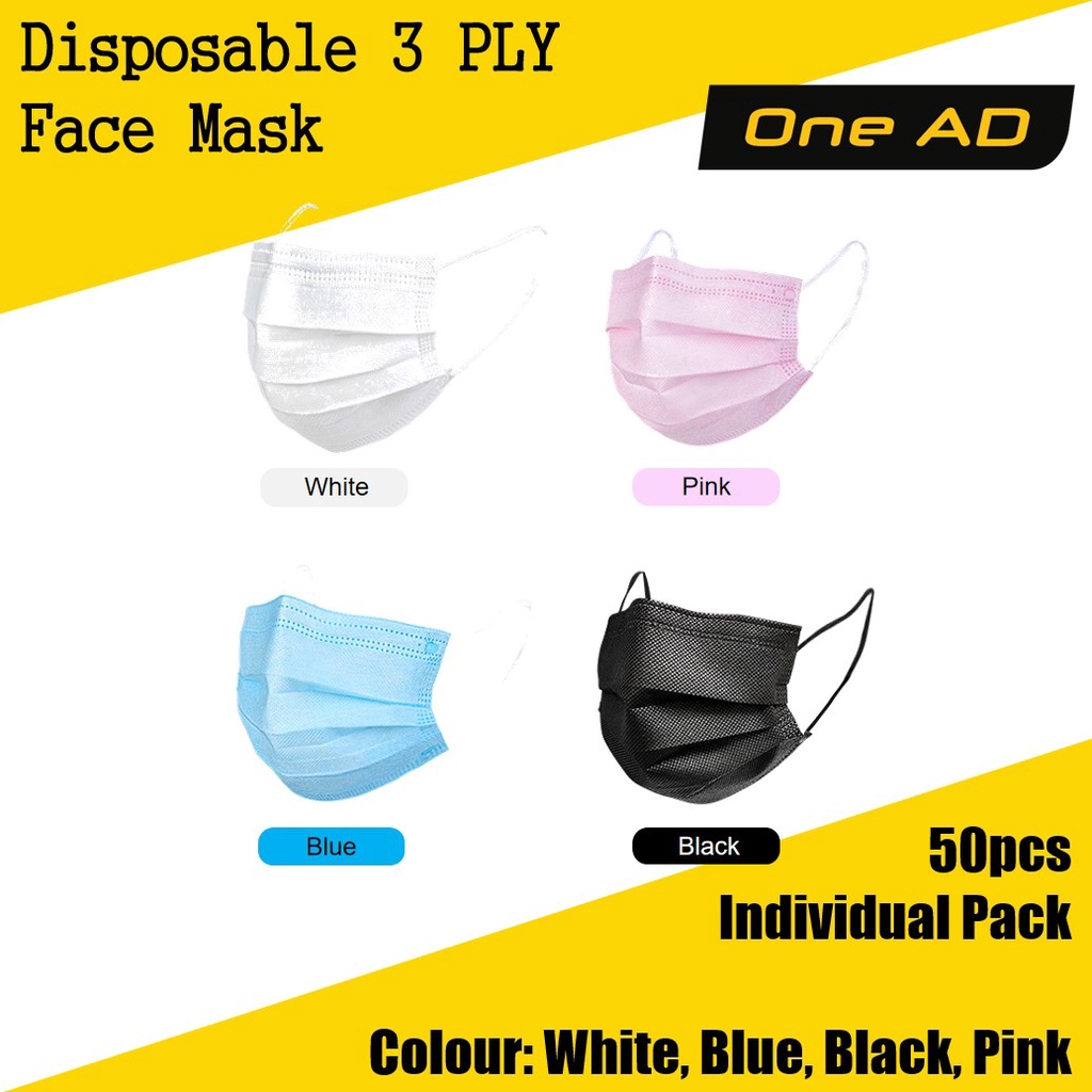 Ready Stock 50 Pcs Disposable 3 Ply Face Mask Full Black Pink White