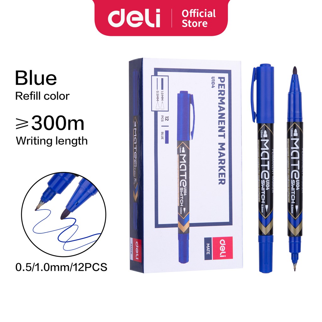 Deli Markerpen 2 Tip Permanent Marker Dry Fast Low Odor Ink Blue