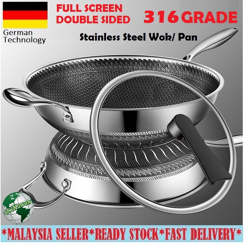 34 CM Double Sided Full Screen 316 Stainless Steel Non Stick Wok Pan