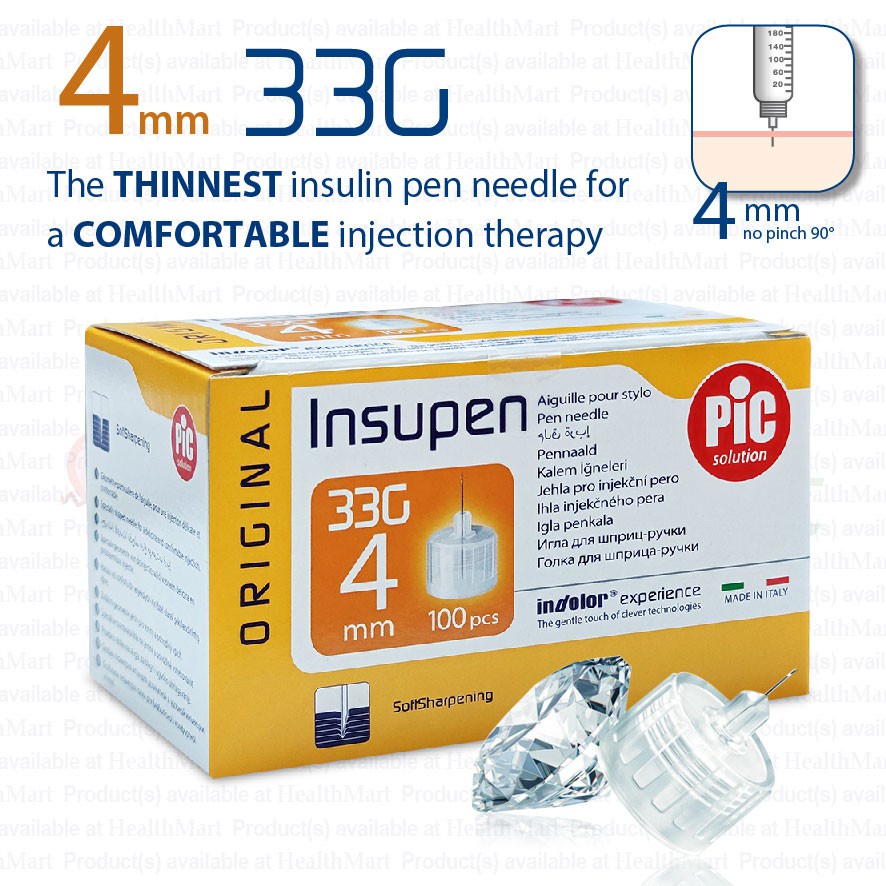 NEW PACKAGING PIC SOLUTION INSUPEN INSULIN PEN NEEDLE 4MM X 33G 100 S