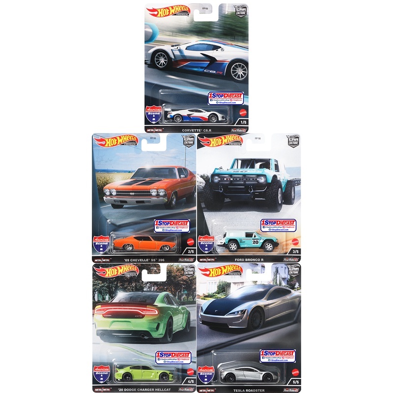 HOT WHEELS CAR CULTURE AMERICAN SCENE SET OF 5 Corvette C8 R Chevelle SS Bronco R Dodge