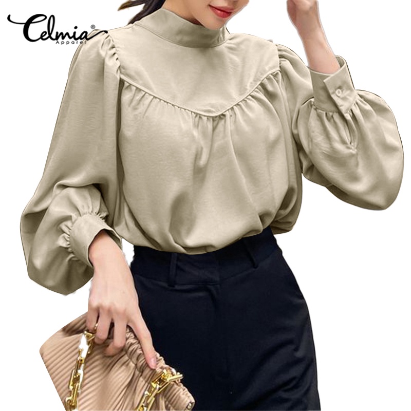 Celmia Womens Fashion Collar Stand Pleated Elegant Shirt Tops Long