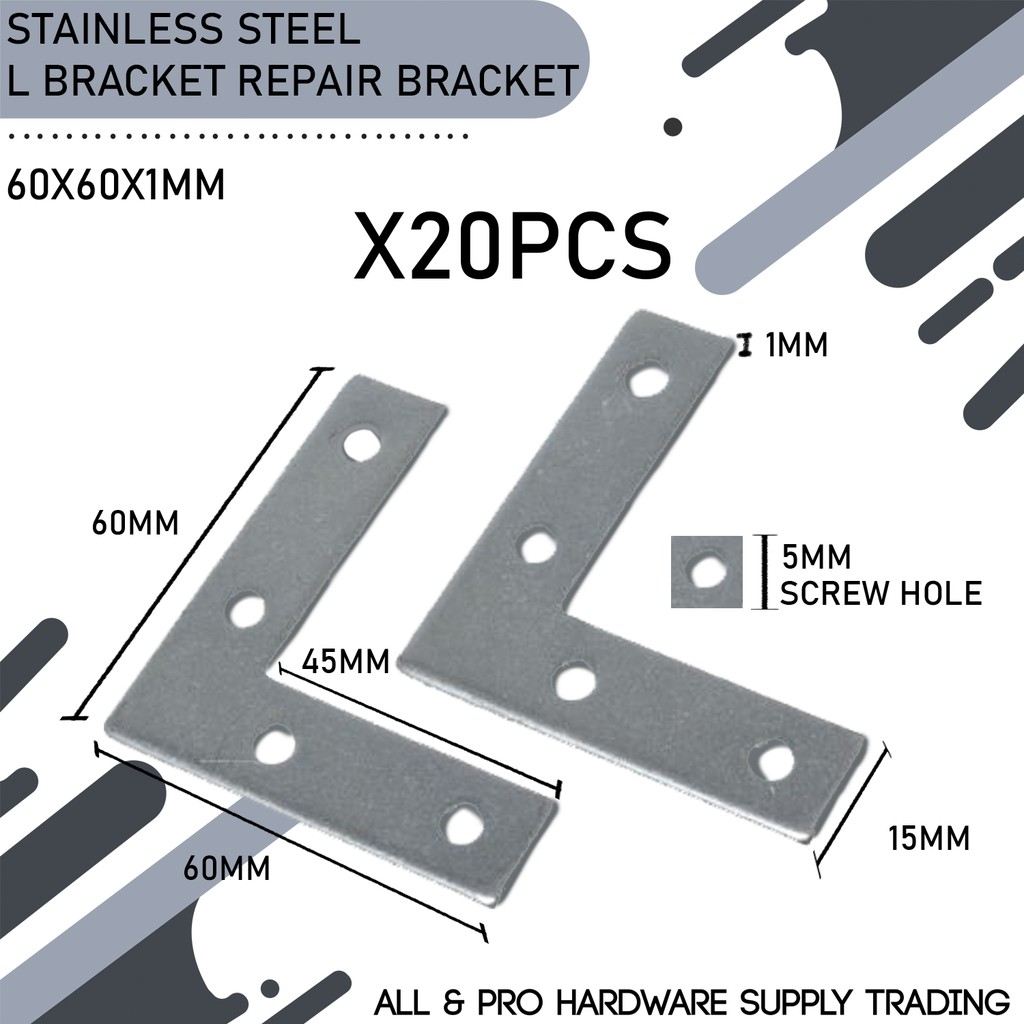 S304 Stainless Steel Flat L Bracket Repair Bracket Size 60X60x1mm 20PCS