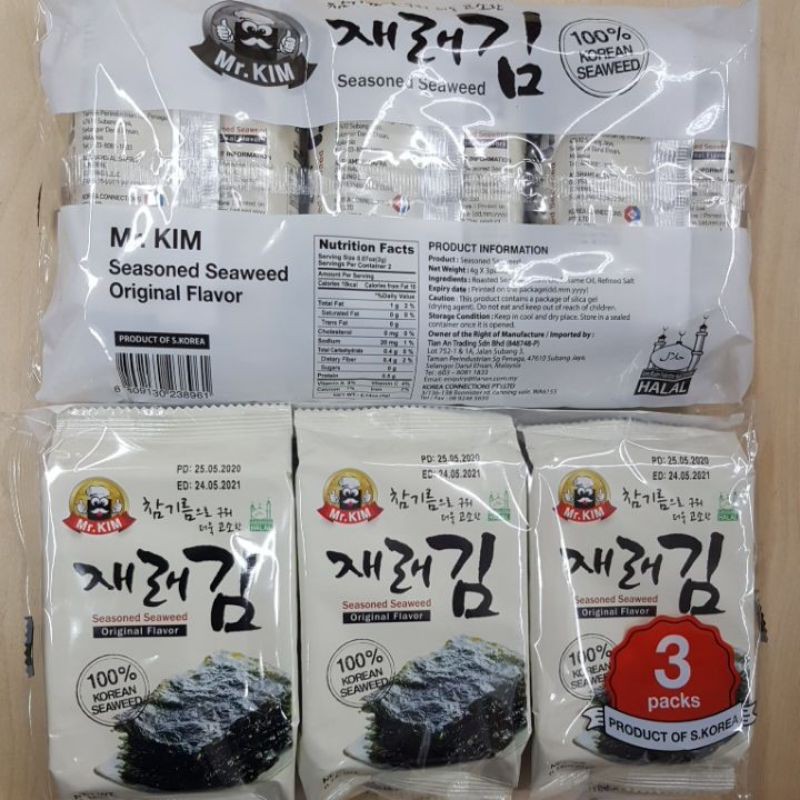 READY STOCK HALAL Korean Seasoned Seaweed 3x4g Mr Kim HALAL Original