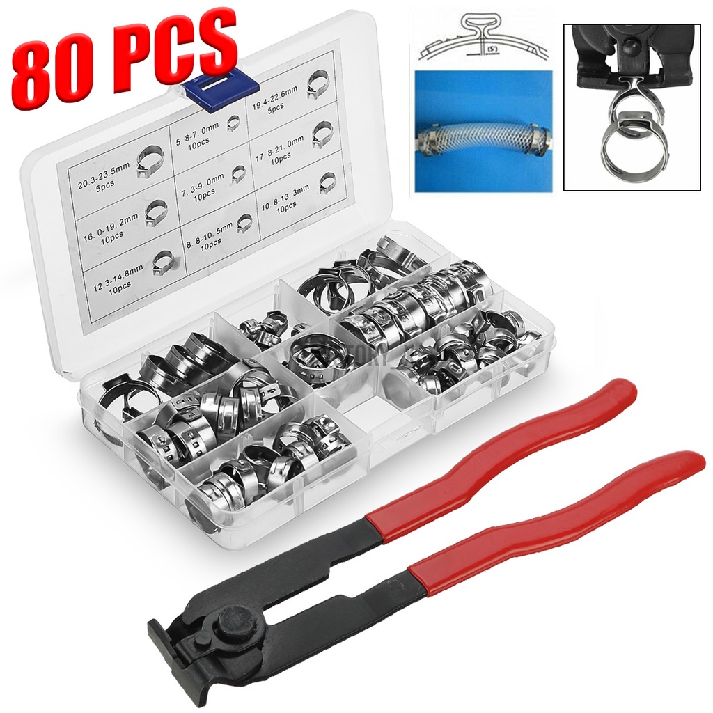 80 Pcs Single Ear Stepless Hose Clamps Crimper Crimping Tool Kit