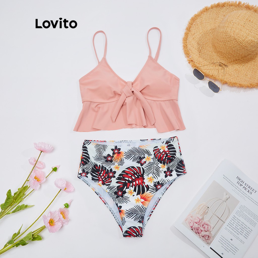 Lovito Boho Plants Lace Up Ruffle Hem Tropical Spaghetti Strap Bikini