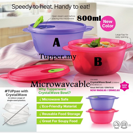 Tupperware CrystalWave Bowl Microwaveable Lunch Box 800ml Pink Purple