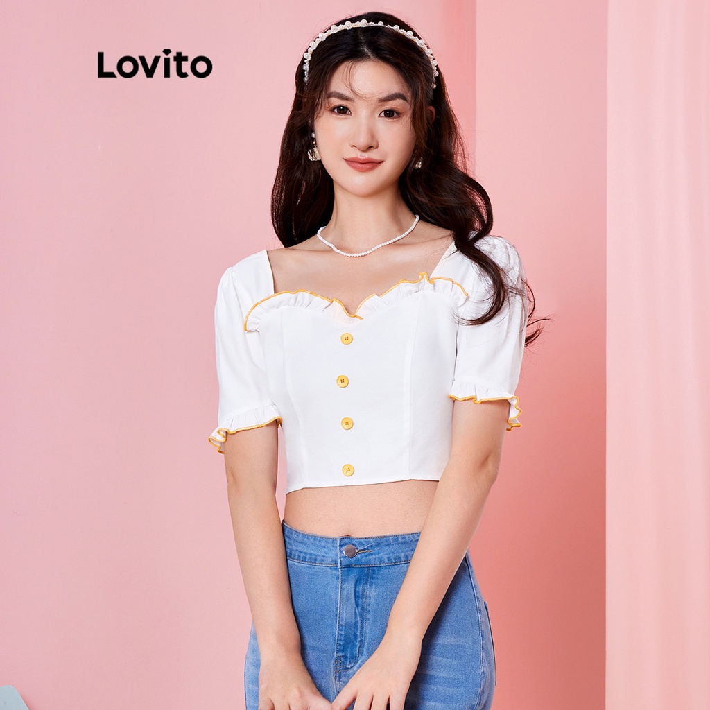 Lovito Exclusive Dopamine Girls Casual Plain Ruffle Puff Sleeve