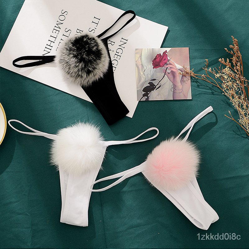 Womens Sexy Thong Pantie Cute Rabbit Tail G String Fur Ball Bikini T