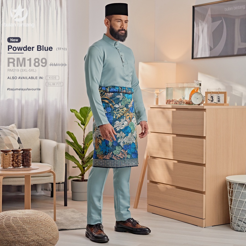 Tailored Fit Baju Melayu Bulan Bintang Powder Blue Shopee