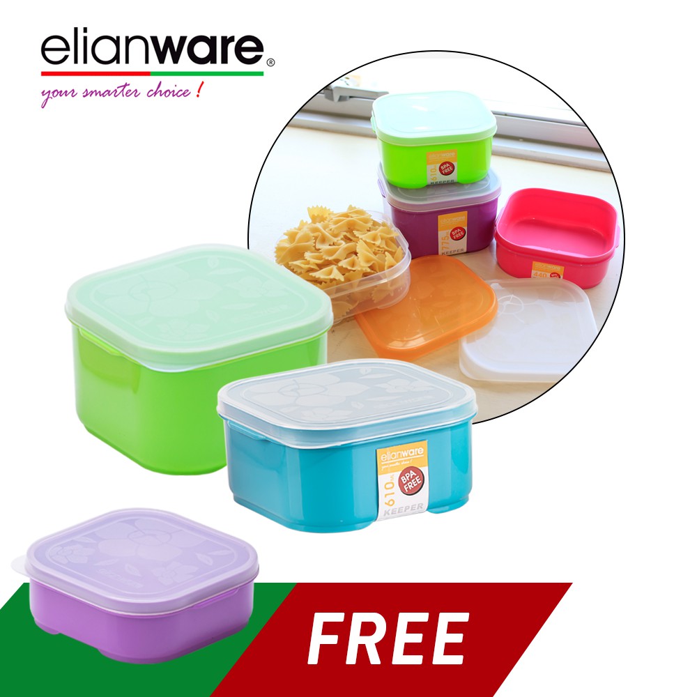 Elianware Colourful Square Plastic BPA Free Food Containers Set 3 Pcs