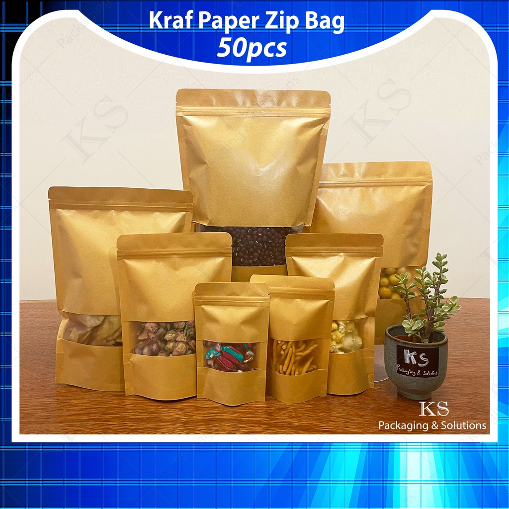 50pcs Brown Kraft Paper Zip Bag Lock With Window Kraft Paper Zipper