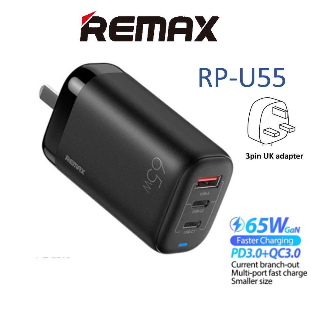 REMAX RP U55 65W Dual PD Type C QC USB 3 Tri Triple Port GaN Fast