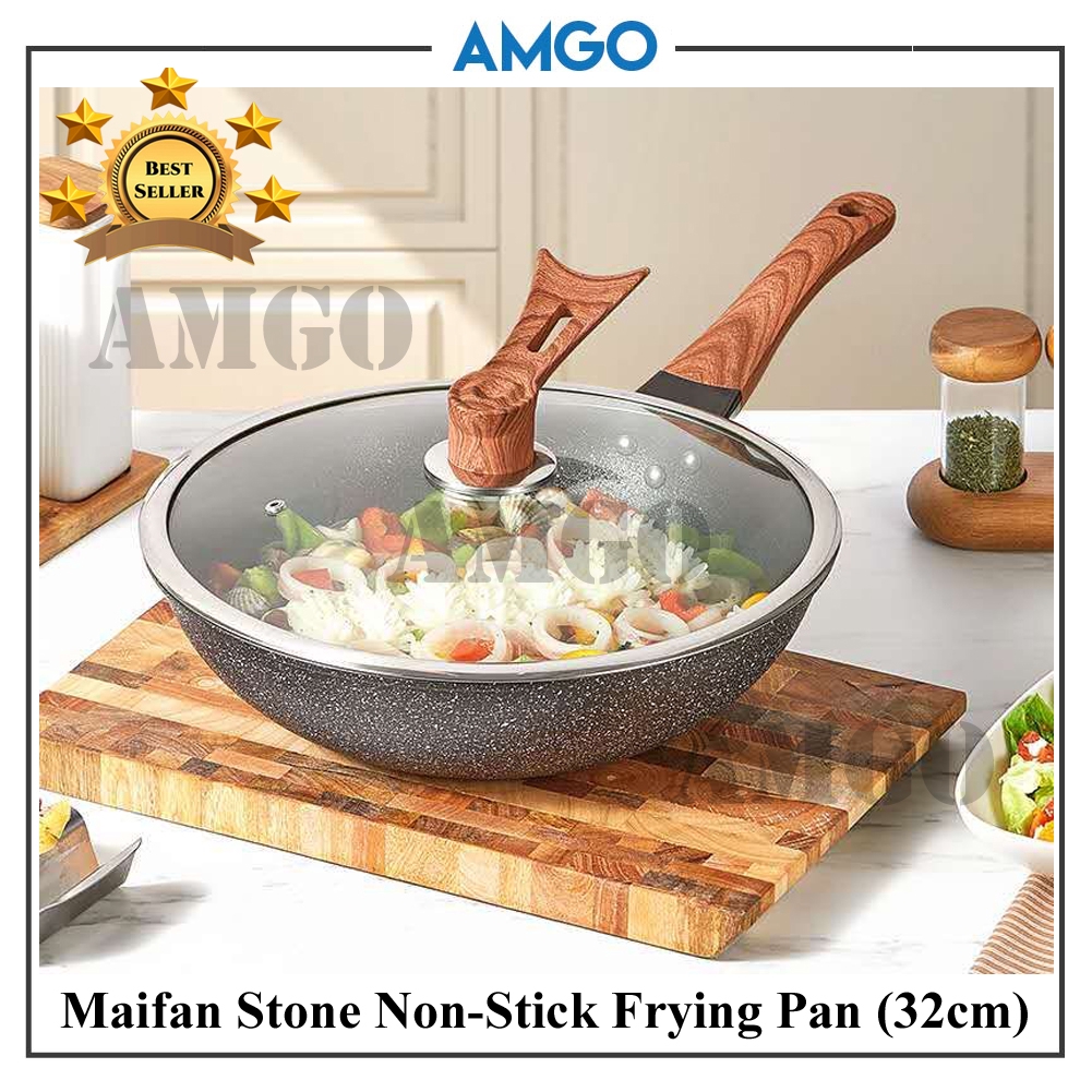 Amgo Korean Non Stick Maifan Stone Frying Pan Wood Handle Cooking Wok