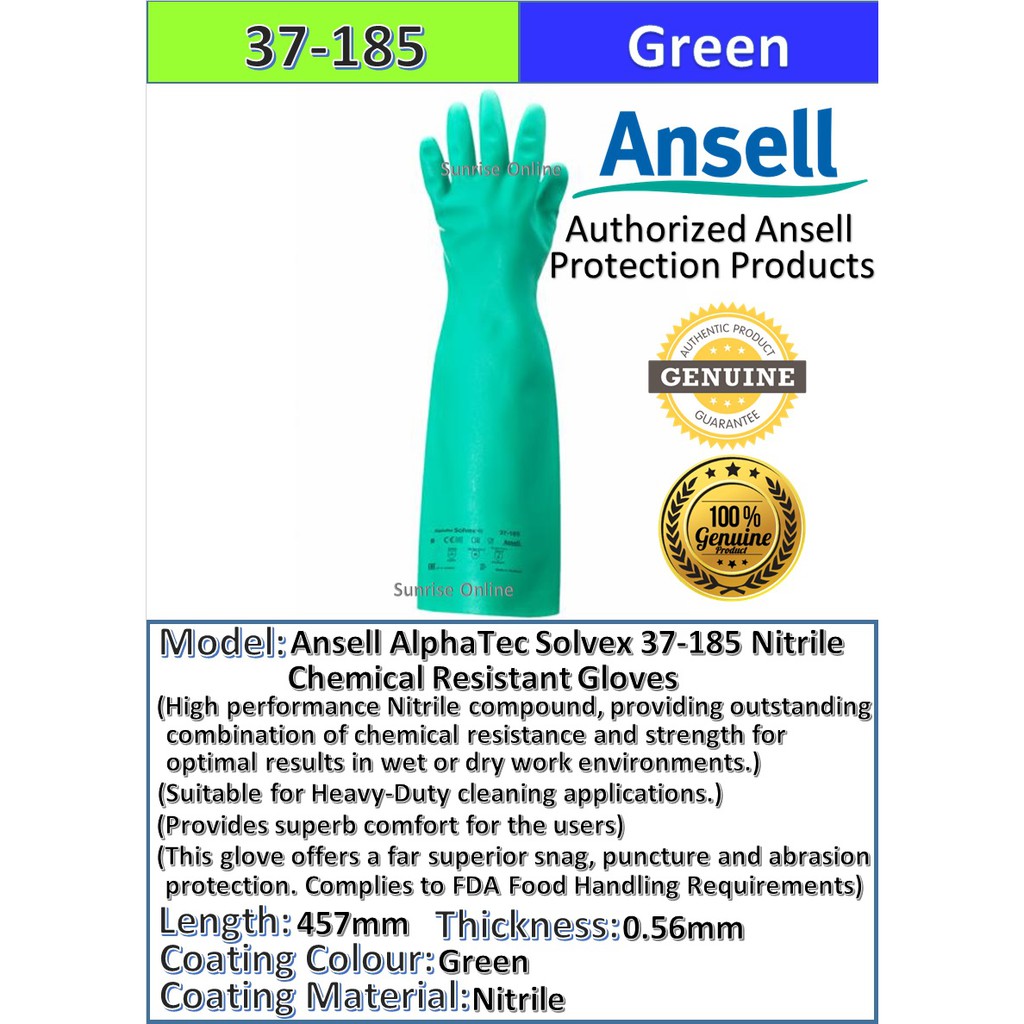 Ansell Solvex Nitrile Chemical Resistant Glove Sizes