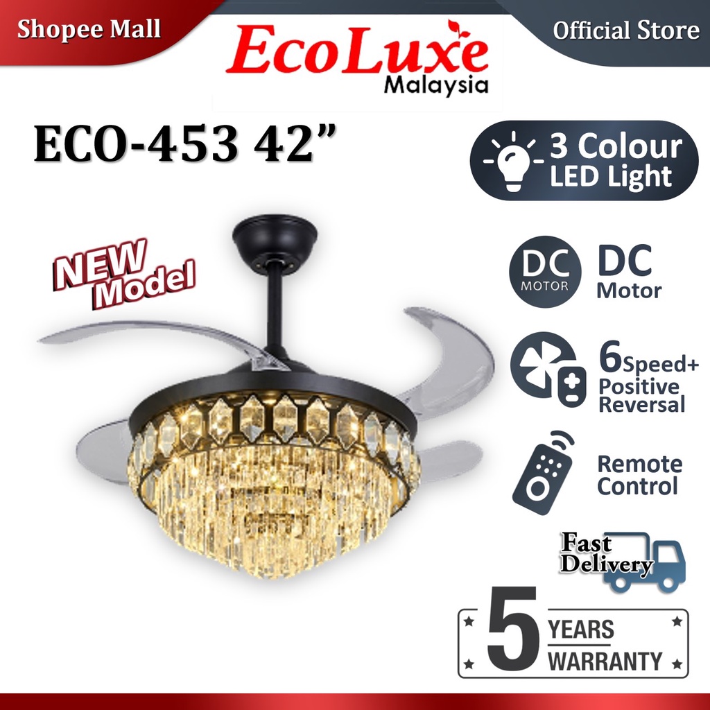 ECOLUXE ECO 453 42 Crystal Chandelier DC Ceiling Fan Invisible Blades