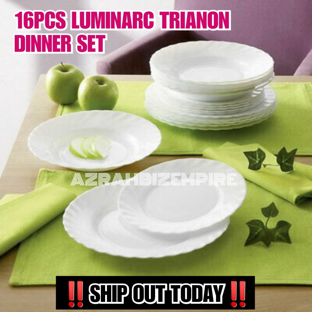 HOT 16PCS LUMINARC TRIANON PLAIN WHITE DINNER SET SET PINGGAN KACA