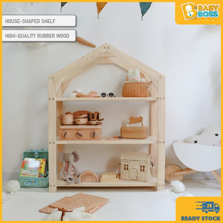 Babyboss Solid Rubber Wood Nordic Style House Shaped Storage Shelf Book