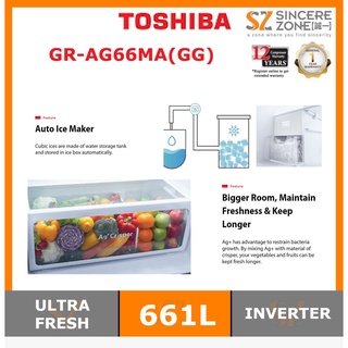 TOSHIBA GR AG66MA GG 661L 2 DOORS FRIDGE INVERTER AUTO ICE MAKER