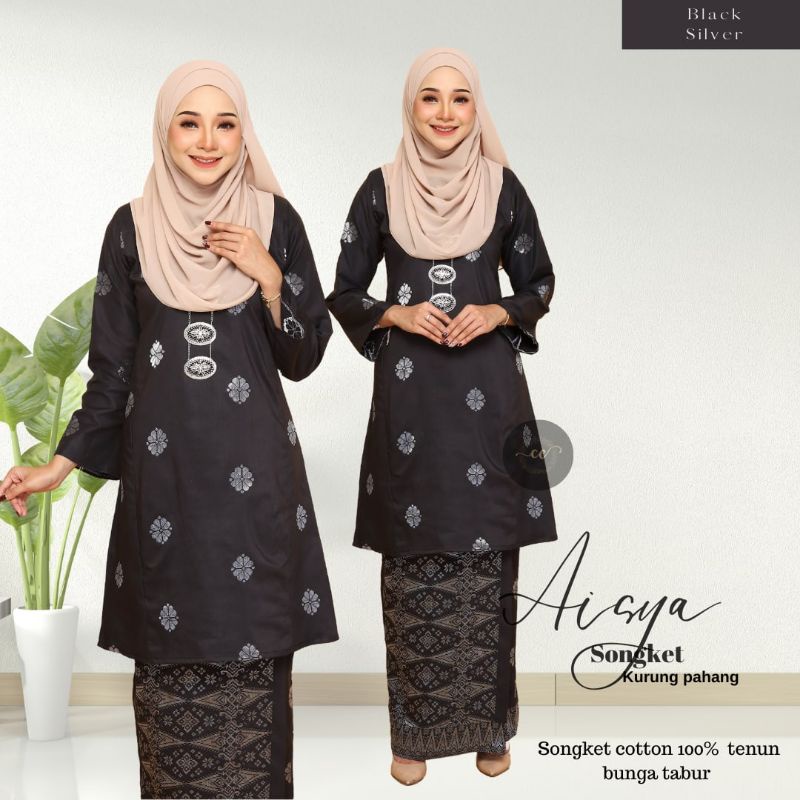 Black Silver Edition Kurung Pahang Pesak Songket Cotton Tenun Corak