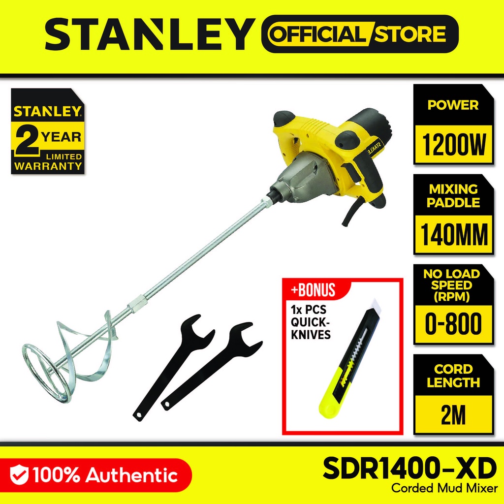 STANLEY SDR1400 CORDED MUD MIXER 1400W 480 800RPM 3 5KG 2 SPEED