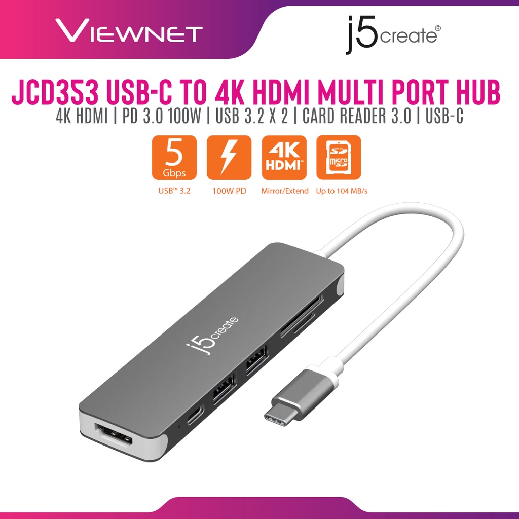 J5create JCD353 USB C To 4K HDMI Multi Port Hub Adapter 4K HDMI PD