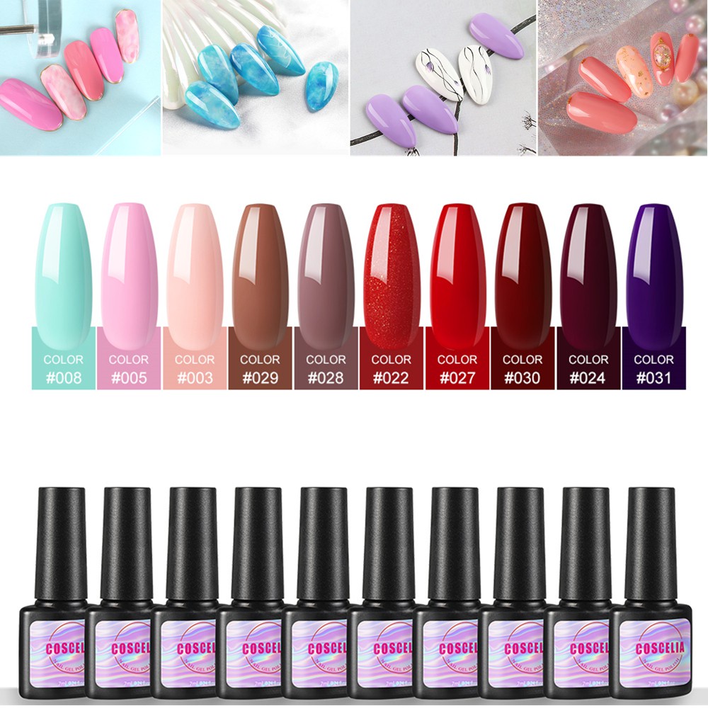 COSCELIA 10 Colors Soak Off Gel Nail Polish Set 7ml UV LED Nail Gel