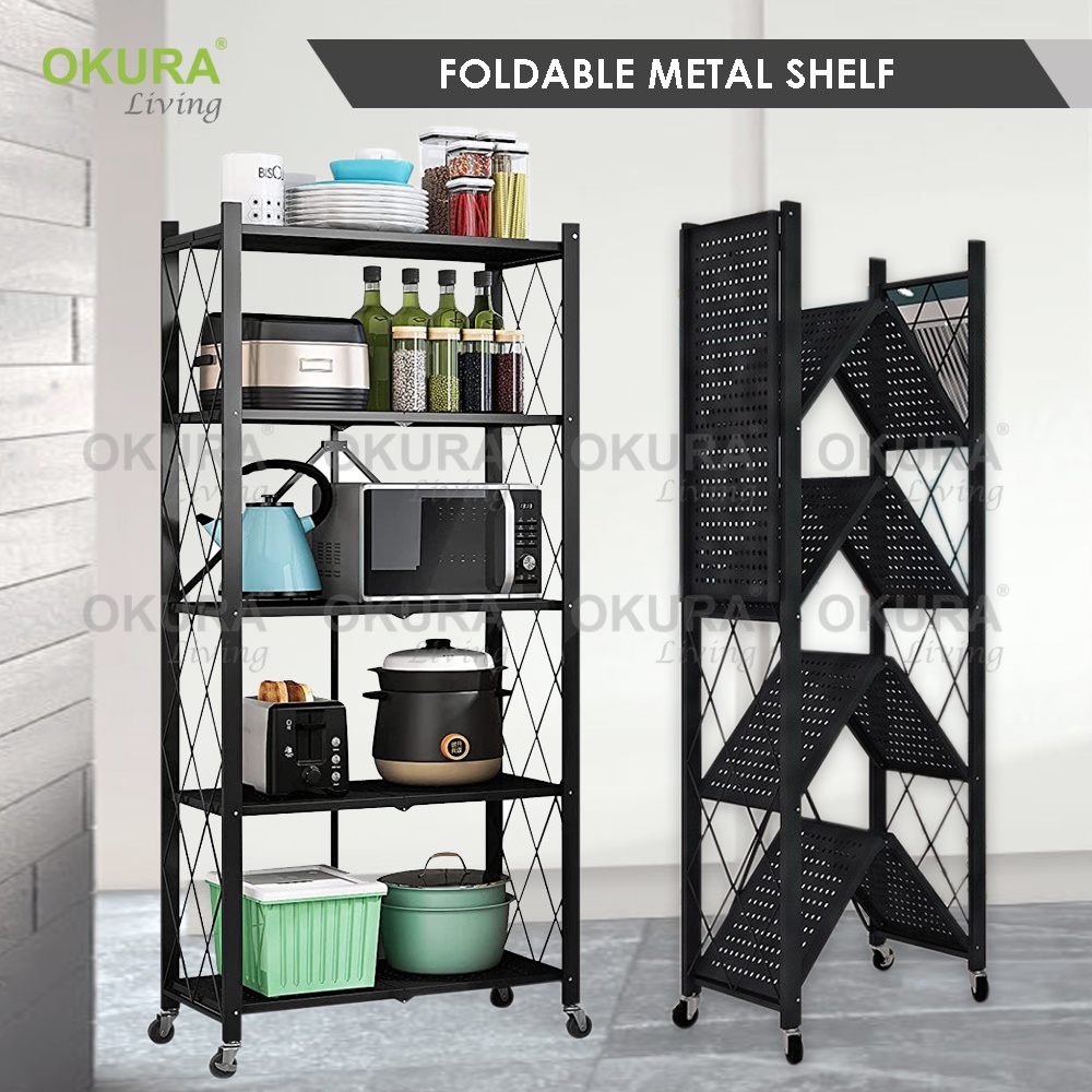 OKURA 3 4 5 Tier Foldable Metal Shelf With Wheels Rak Kabinet Dapur