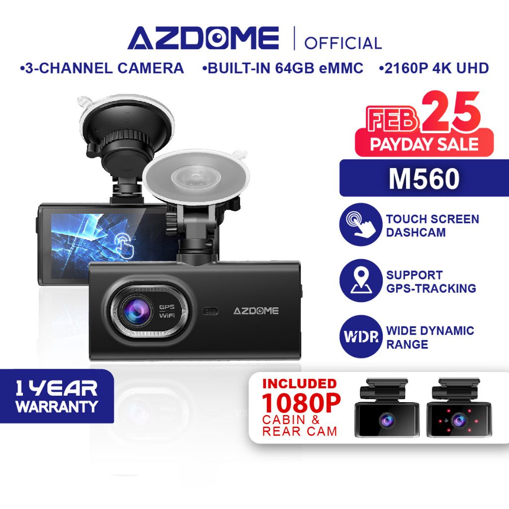 AZDOME M560 3CH 2160P 4K Ultra HD 3 Channel Front Rear DashCam Night