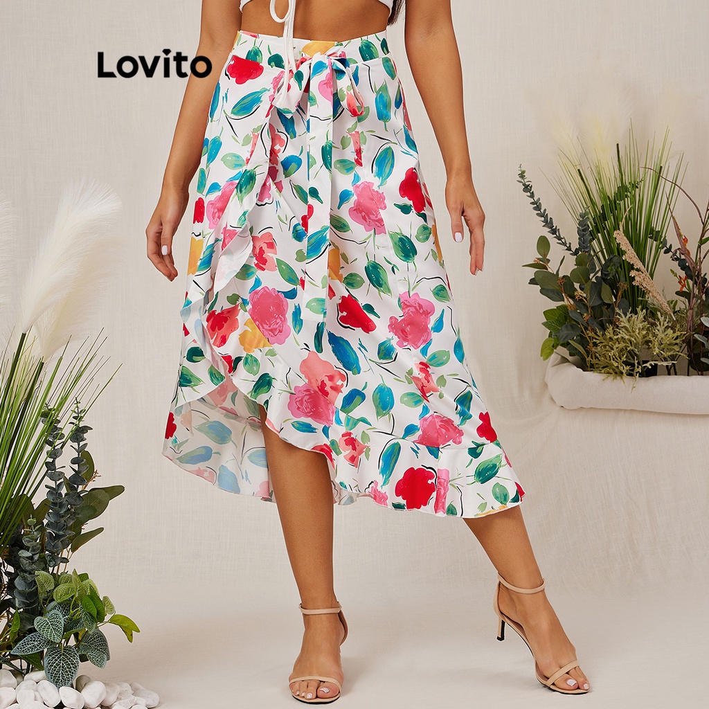 Lovito Casual Wrap Ruffle Split Hem Floral Print Skirts L18D086 White