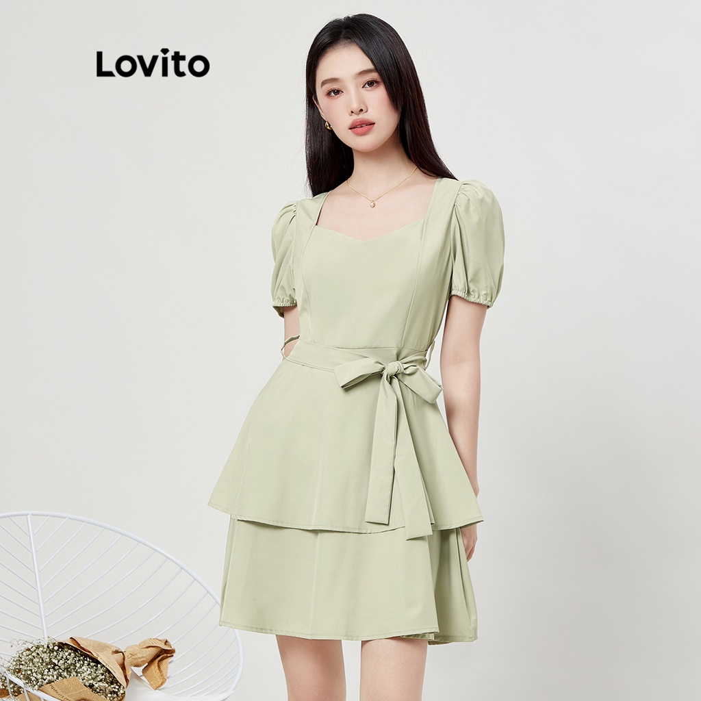 Lovito Elegant Plain Puff Sleeve Popover Women Dress L Ed Green