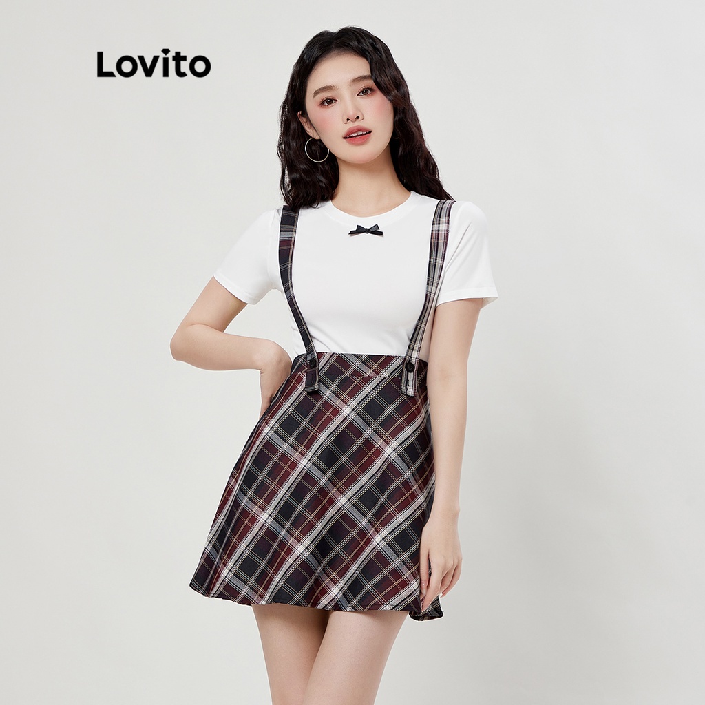 Lovito Preppy Plaid Bow Front Zipper Pencli A Line Women Skirt Set