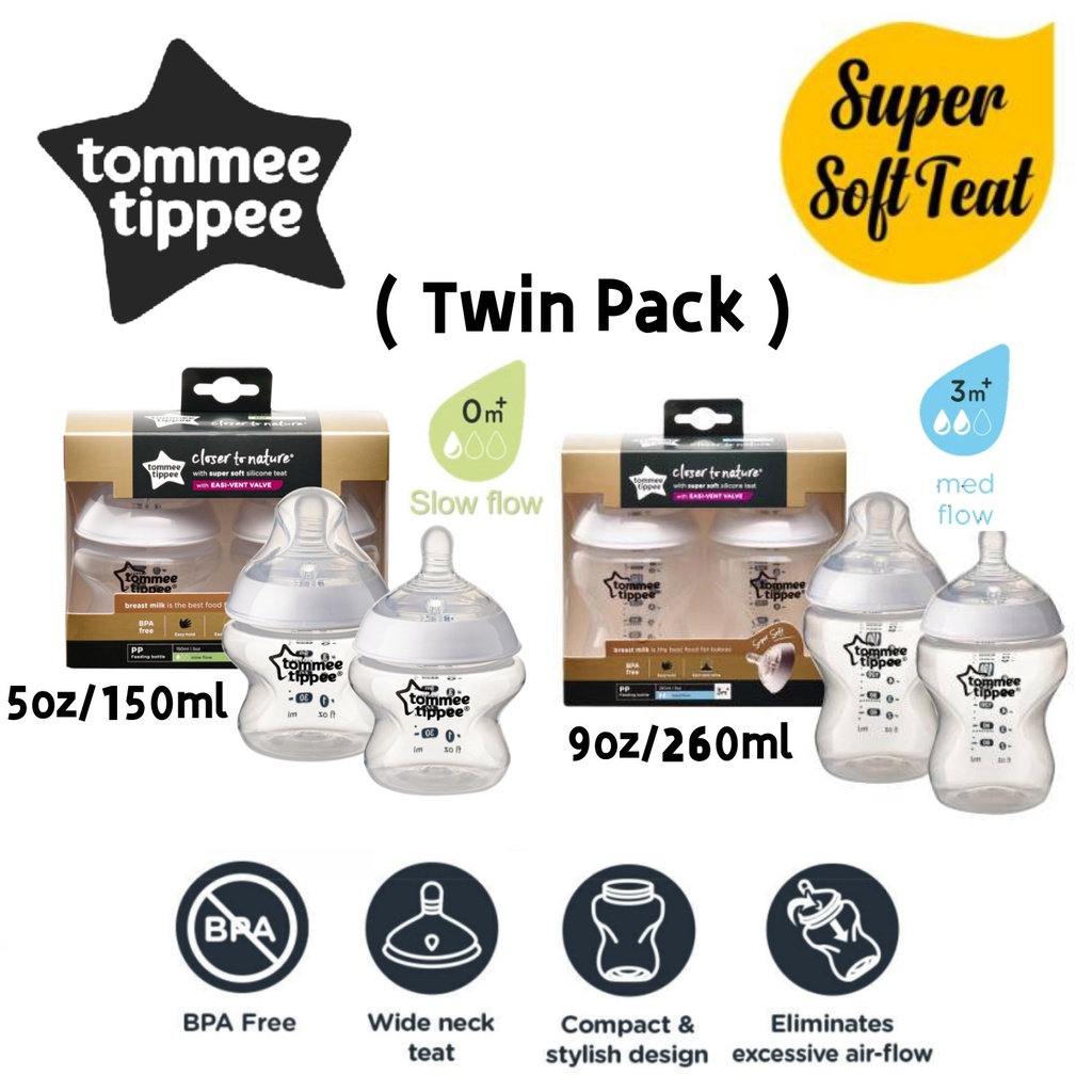 Tommee Tippee Closer To Nature 5oz 150ml 9oz 260ml Bottle Twin Pack