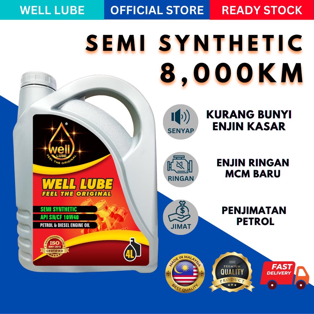 WELL LUBE API SN 10W40 4L Semi Synthetic Engine Oil Lubricant Minyak